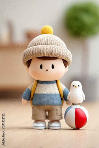 Playful summer cartoon toy of sleepy boy with tiny beach ball hat, toy seagull perched on arm, vintage travel theme