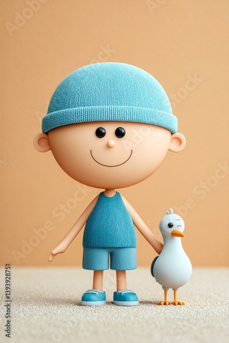 Playful summer cartoon toy of sleepy boy with tiny beach ball hat, toy seagull perched on arm, vintage travel theme