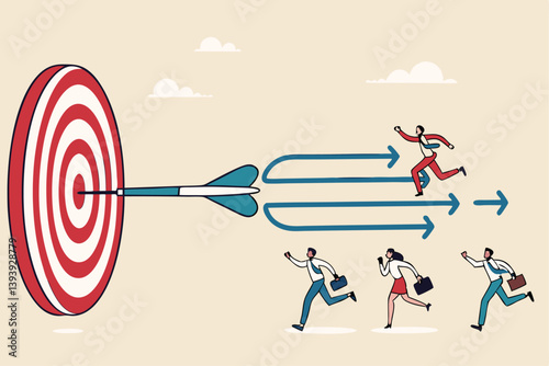 Team target or goal achievement, company or corporate objective and purpose to success in work, strategy or same direction to win together concept, business people employee running to reach target.