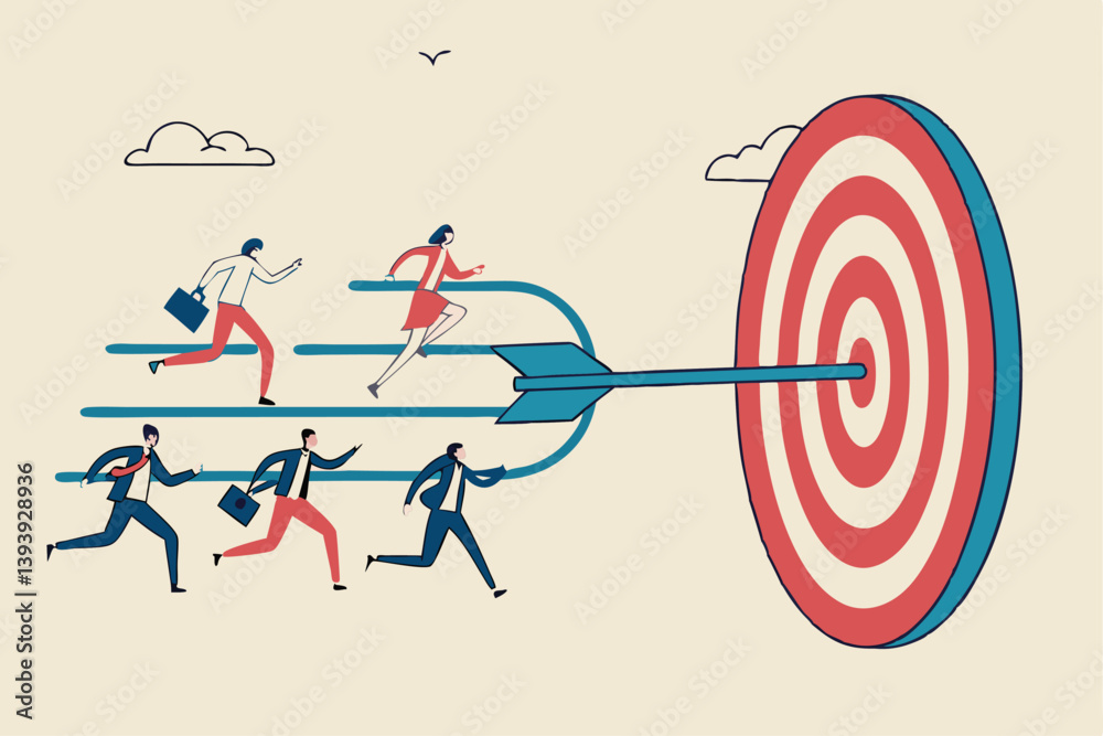 Team target or goal achievement, company or corporate objective and purpose to success in work, strategy or same direction to win together concept, business people employee running to reach target.