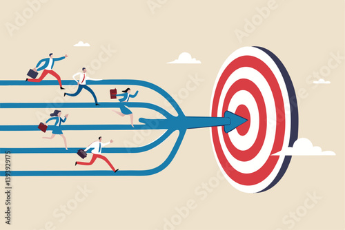 Team target or goal achievement, company or corporate objective and purpose to success in work, strategy or same direction to win together concept, business people employee running to reach target.