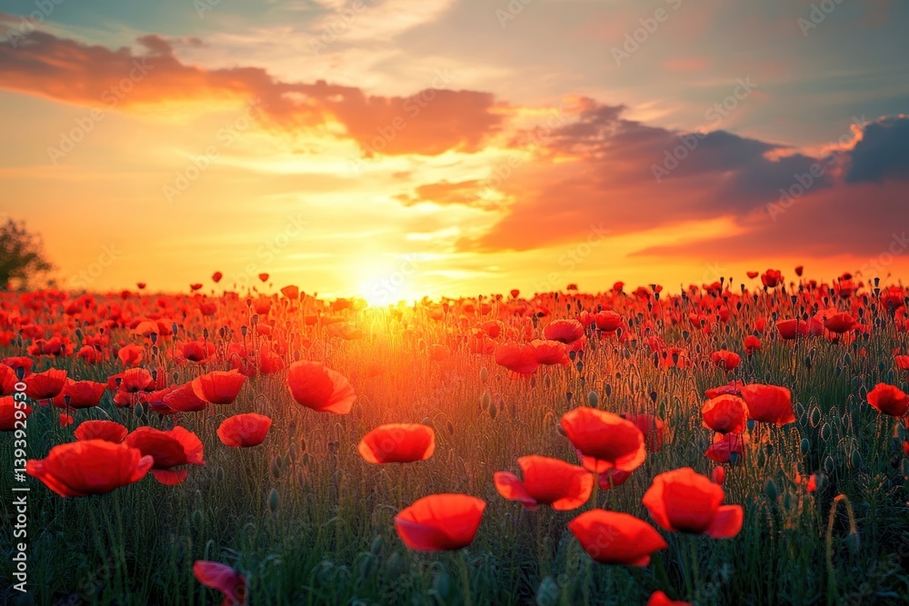 Fototapeta premium Poppy field at sunset landscape poppies flowers.