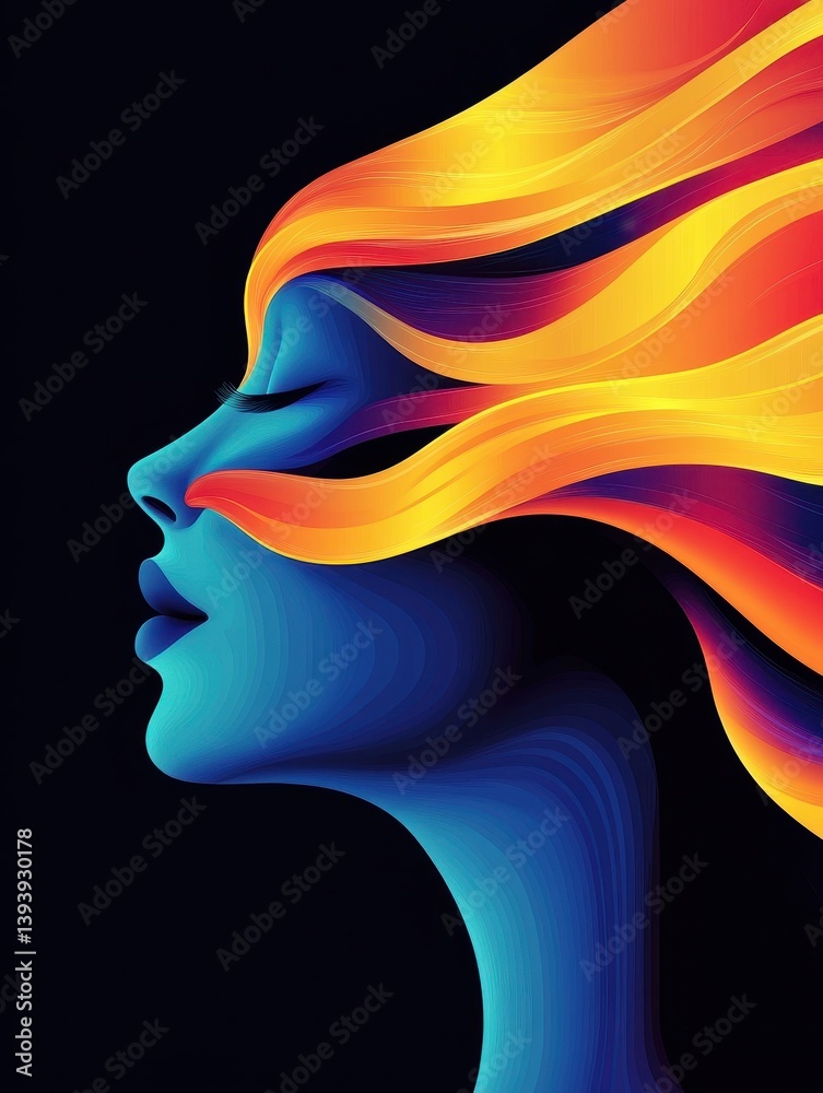 Vibrant abstract portrait of a woman with flowing colorful hair against a dark background Vibrant abstract portrait of a woman with flowing colorful hair against a dark background