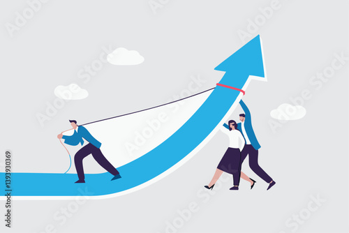 Growth hacking, effort to improve and grow business, teamwork or team help pushing company to success, career growth or growing company concept, business people team help pushing arrow rising up.