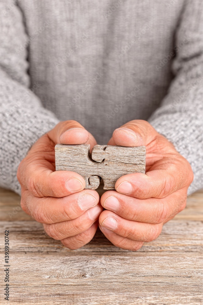 Fototapeta premium Two Hands Holding Interlocking Wooden Puzzle Pieces on Rustic Wood