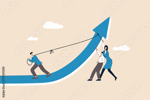 Growth hacking, effort to improve and grow business, teamwork or team help pushing company to success, career growth or growing company concept, business people team help pushing arrow rising up.