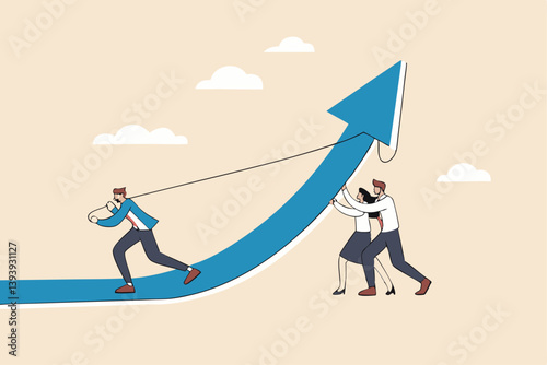 Growth hacking, effort to improve and grow business, teamwork or team help pushing company to success, career growth or growing company concept, business people team help pushing arrow rising up.