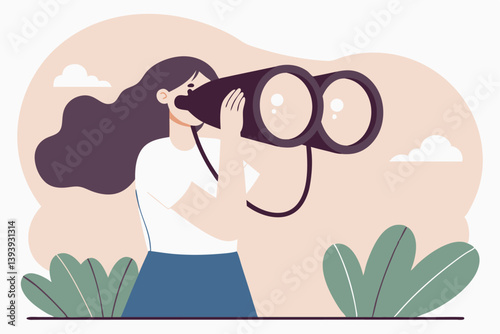 Business woman look through binoculars searching for new job or opportunity, vision or look far ahead to find future opportunity, observe or career success, human resources look for candidate concept.