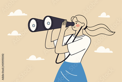 Business woman look through binoculars searching for new job or opportunity, vision or look far ahead to find future opportunity, observe or career success, human resources look for candidate concept.