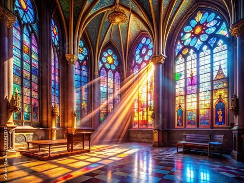 Radiant Sunlight Pierces Gothic Stained Glass Windows Illuminating a Majestic Church Interior A Spiritual Sanctuary of