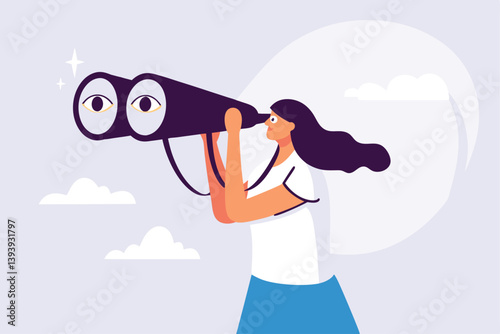 Business woman look through binoculars searching for new job or opportunity, vision or look far ahead to find future opportunity, observe or career success, human resources look for candidate concept.