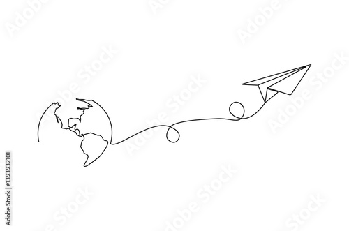 Continuous one line drawing of Globe earth with paper airplane. Single line drawing illustration of earth and papper plane. Start journey concept vector art. Doodle line illustration.