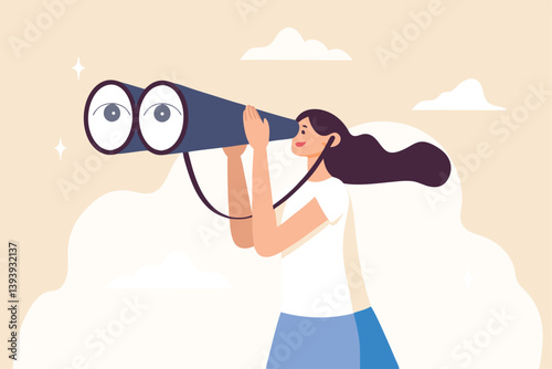 Business woman look through binoculars searching for new job or opportunity, vision or look far ahead to find future opportunity, observe or career success, human resources look for candidate concept.