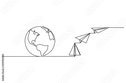Continuous one line drawing of Globe earth with paper airplane. Single line drawing illustration of earth and papper plane. Start journey concept vector art. Doodle line illustration.