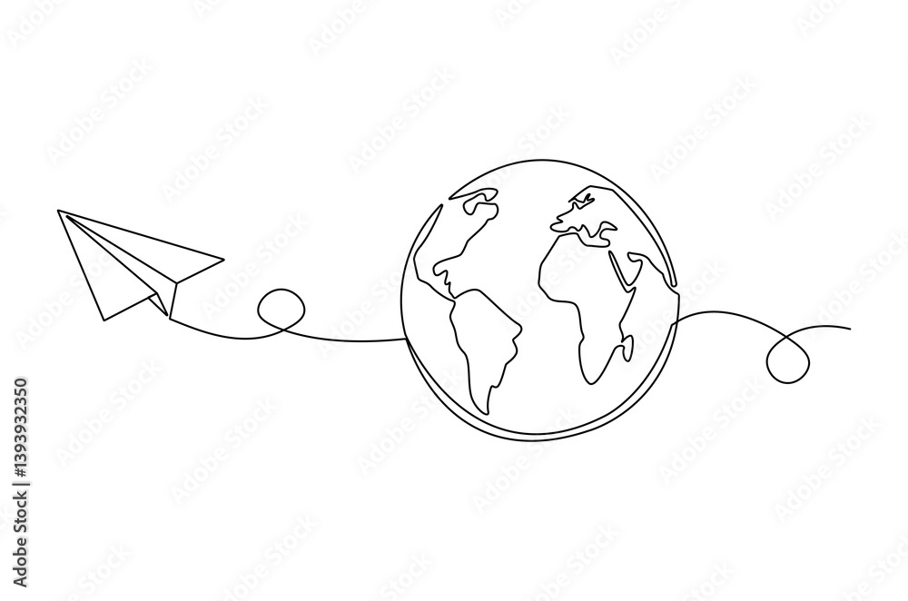 Continuous one line drawing of Globe earth with paper airplane. Single line drawing illustration of earth and papper plane. Start journey concept vector art. Doodle line illustration.