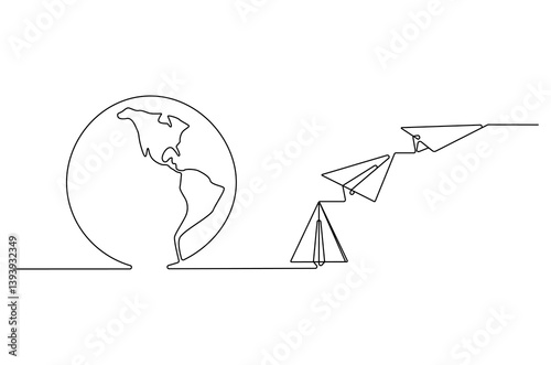 Continuous one line drawing of Globe earth with paper airplane. Single line drawing illustration of earth and papper plane. Start journey concept vector art. Doodle line illustration.