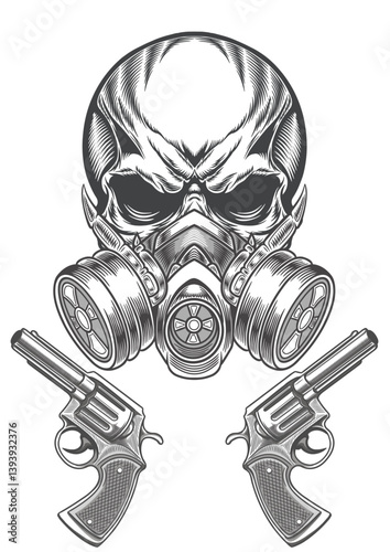 Grunge skull in cyber mask 52b - BW
