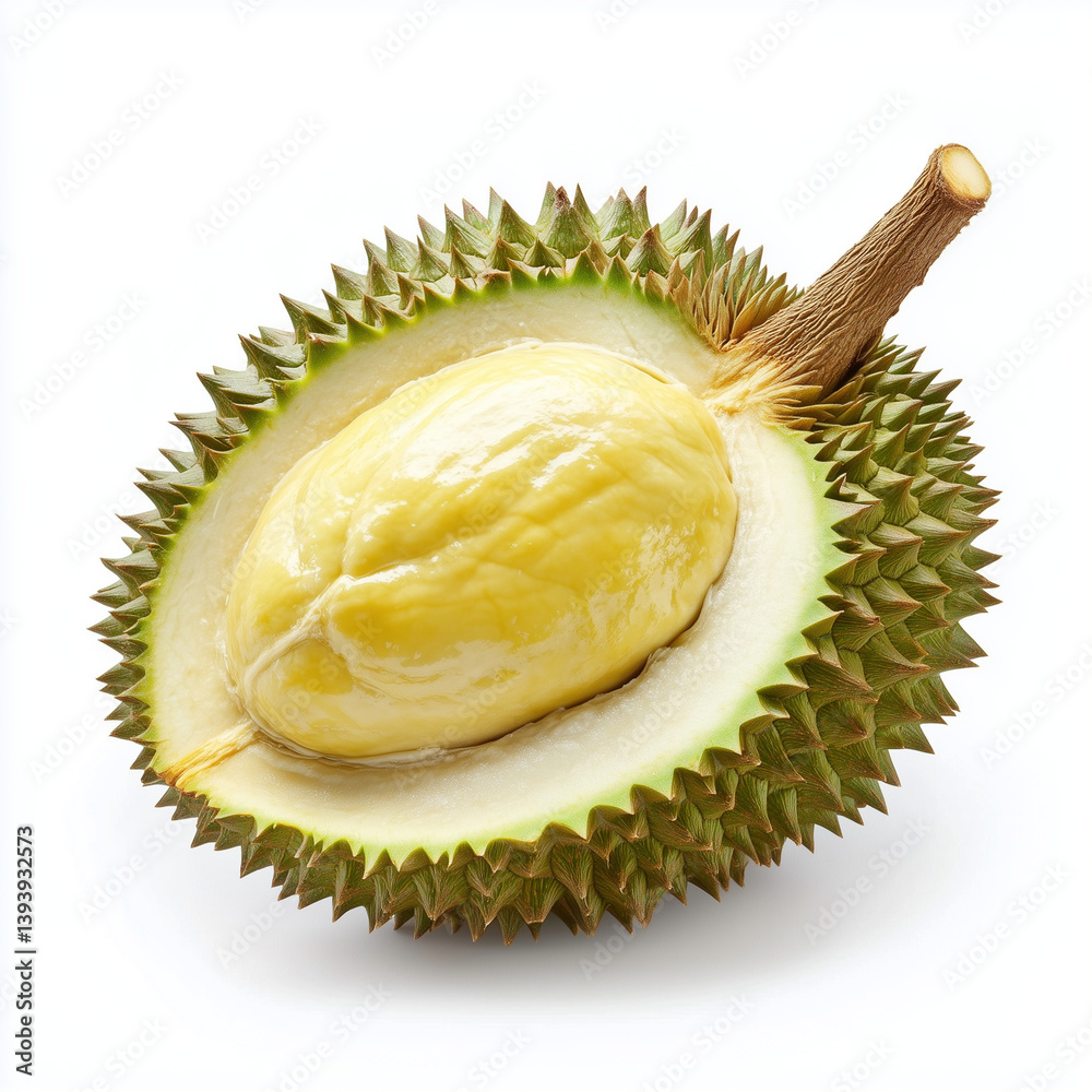 Obraz premium Fresh, delicious, tropical durian fruit isolated on a white background, a healthy and tasty natural food from Thailand