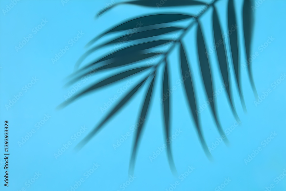 Obraz premium Palm leaf shadow on blue background, tropical plant silhouette, summer vibe