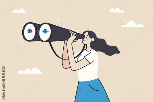 Business woman look through binoculars searching for new job or opportunity, vision or look far ahead to find future opportunity, observe or career success, human resources look for candidate concept.
