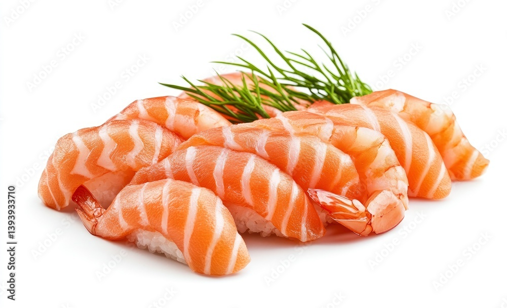 Fresh Shrimp Sushi Nigiri with Dill Garnish on White Background Fresh Shrimp Sushi Nigiri with Dill Garnish on White Background