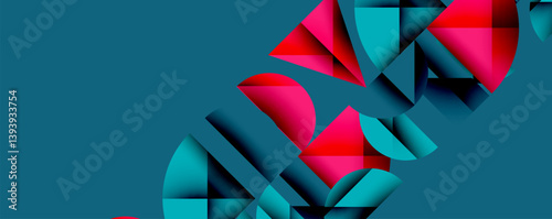 Abstract geometric shapes dominate composition. Teal background contrasts with vibrant pink, turquoise elements. Layered design creates depth, modern aesthetic. Minimalist, bold visual impact.