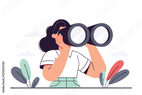 Business woman look through binoculars searching for new job or opportunity, vision or look far ahead to find future opportunity, observe or career success, human resources look for candidate concept.