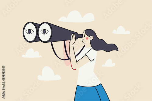 Business woman look through binoculars searching for new job or opportunity, vision or look far ahead to find future opportunity, observe or career success, human resources look for candidate concept.