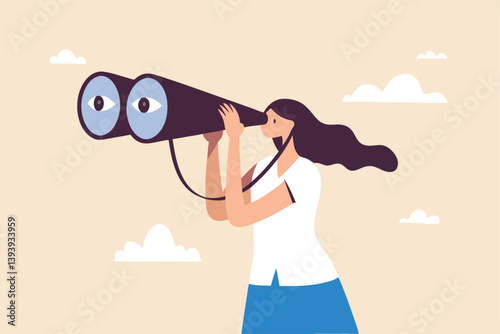 Business woman look through binoculars searching for new job or opportunity, vision or look far ahead to find future opportunity, observe or career success, human resources look for candidate concept.