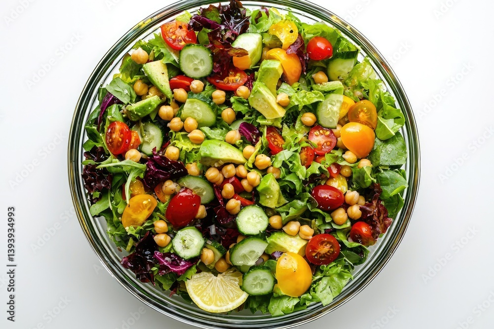 A vibrant salad with chickpeas, avocado, cucumber, tomatoes, and mixed greens. A vibrant salad with chickpeas, avocado, cucumber, tomatoes, and mixed greens.
