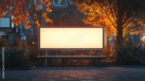 Illuminated park bench billboard, autumn night, city backdrop, advertising mockup photo