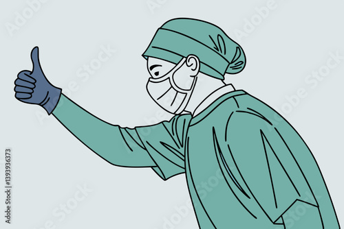 Flat vector illustration of a surgeon in scrubs, wearing a mask, giving a thumbs-up after a successful operation