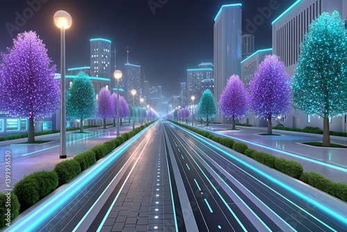 A time-lapse style city street with electric car trails and clean air atmosphere