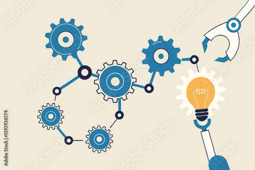 Automation or technology to help development process, Martech or marketing technology, industry or production factory concept, robot hand help put together cogwheels system with the lightbulb idea.