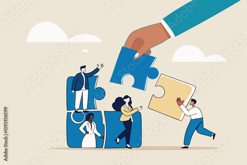 New joiner to fill in team and solve problem, teamwork to get solution, put right man in the right job to fit job description concept, businessman hand HR put new joiner to connect jigsaw puzzle.