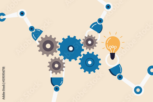 Automation or technology to help development process, Martech or marketing technology, industry or production factory concept, robot hand help put together cogwheels system with the lightbulb idea.
