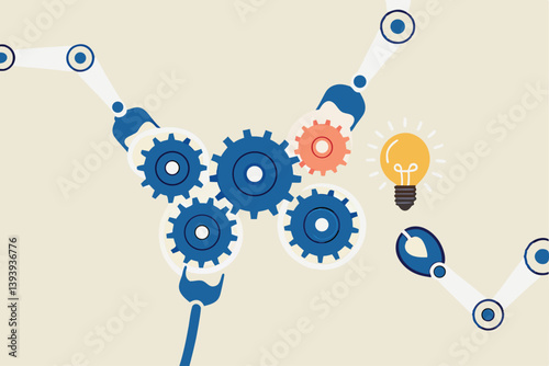 Automation or technology to help development process, Martech or marketing technology, industry or production factory concept, robot hand help put together cogwheels system with the lightbulb idea.