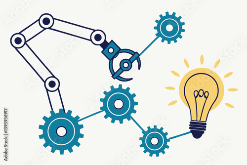 Automation or technology to help development process, Martech or marketing technology, industry or production factory concept, robot hand help put together cogwheels system with the lightbulb idea.