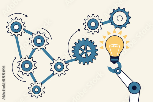 Automation or technology to help development process, Martech or marketing technology, industry or production factory concept, robot hand help put together cogwheels system with the lightbulb idea.