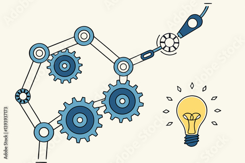 Automation or technology to help development process, Martech or marketing technology, industry or production factory concept, robot hand help put together cogwheels system with the lightbulb idea.