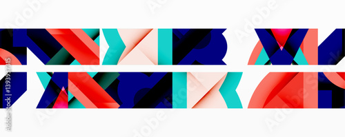 Abstract geometric pattern. Repeating shapes, vibrant colors create dynamic composition. Modern design element, suitable backgrounds or textures. Clean lines, bold contrasts present visual interest.