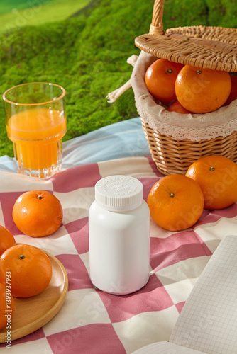 Unlabeled medicine bottles displayed on a picnic rug, spread on lush artificial turf. Oranges peeking out from bamboo baskets. Citrus burst oranges on wooden plates and scattered around the rug.