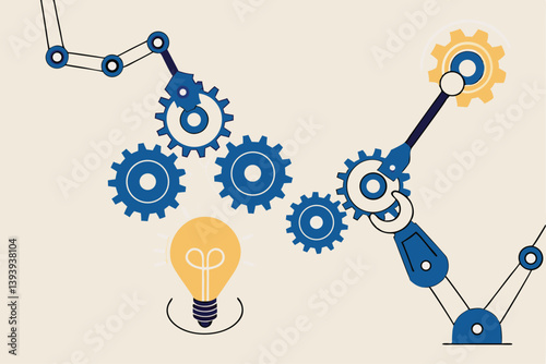 Automation or technology to help development process, Martech or marketing technology, industry or production factory concept, robot hand help put together cogwheels system with the lightbulb idea.