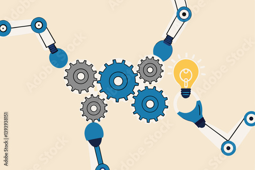 Automation or technology to help development process, Martech or marketing technology, industry or production factory concept, robot hand help put together cogwheels system with the lightbulb idea.