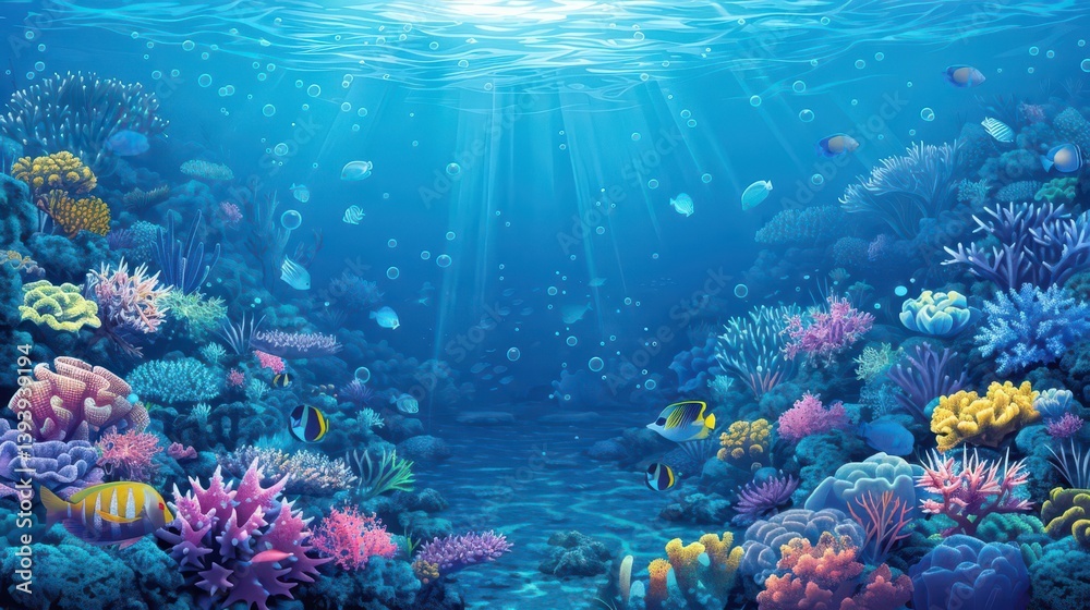 Obraz premium Vibrant underwater scene showcasing coral reefs and various fish in a sunlit ocean.