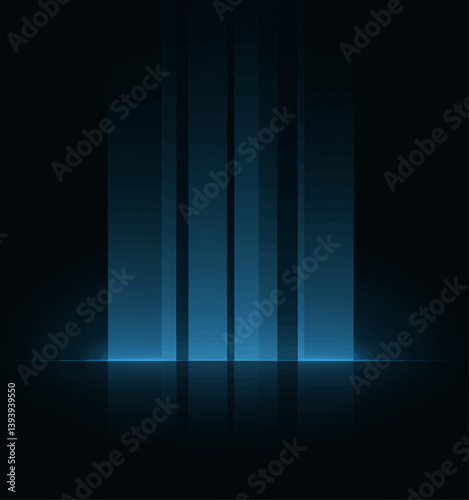 Abstract blue light beams on dark reflective surface