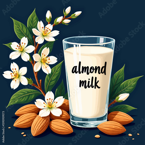 Almond milk glass with nuts and blossoms on dark blue