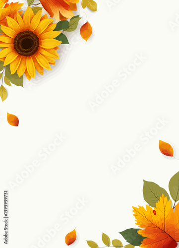 Autumn Sunflower and Leaves Frame on White
