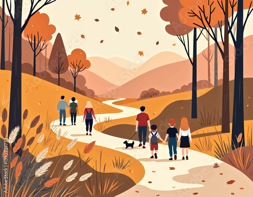 Autumn Walk: Families Enjoying Fall Foliage and Dog on Trail