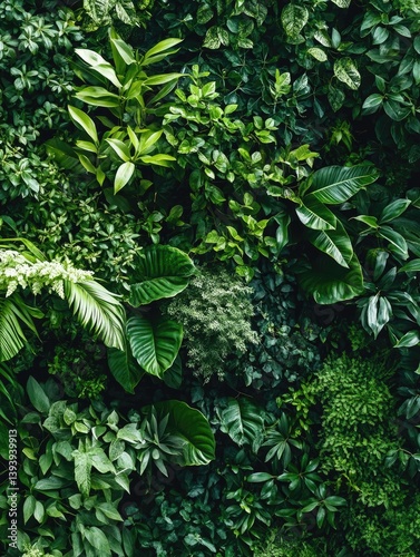 Lush green wall of diverse foliage